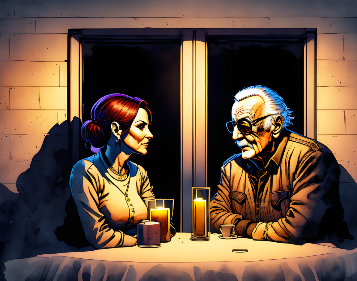 Animated woman and elderly man at table with drinks, facing each other by window