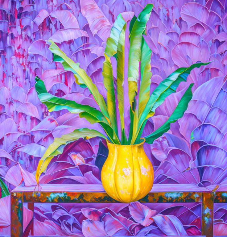 Colorful painting of yellow vase and green plants on table with purple foliage