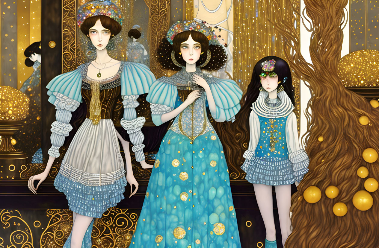 Three women in historical dresses with puffed sleeves on golden background