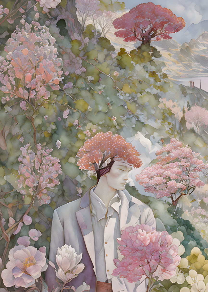 Human figure merges with serene floral landscape in pastel hues with misty mountain backdrop