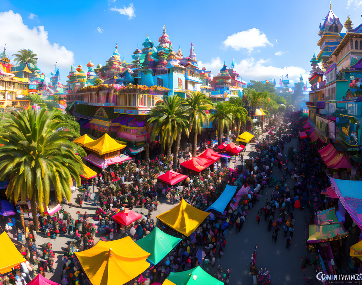 Vibrant market street with colorful stalls and ornate buildings