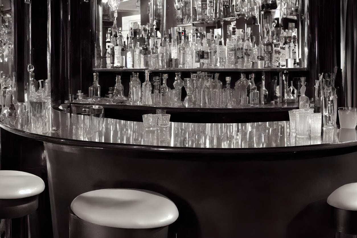 Sophisticated monochrome circular bar with bottles and glassware.