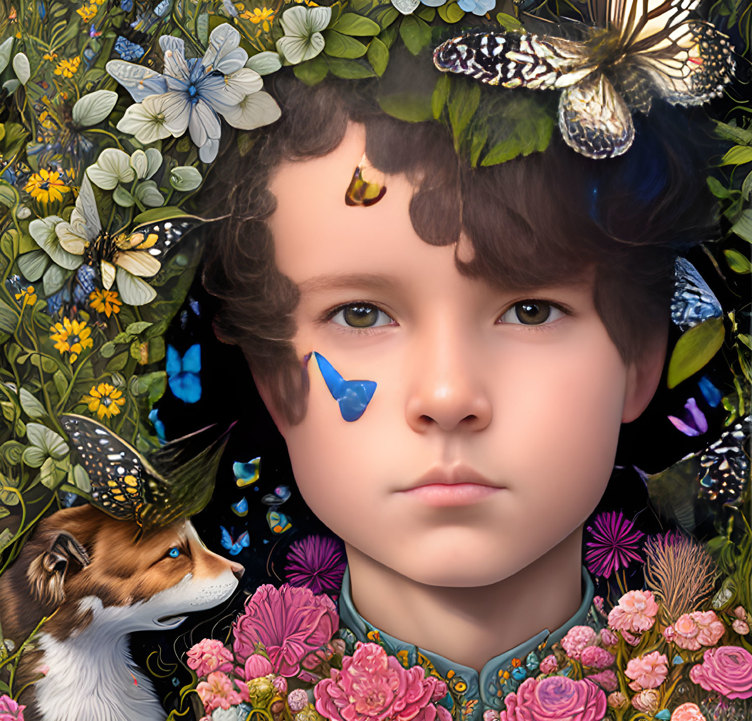 Child portrait with butterflies, flowers, fox, and serene expression