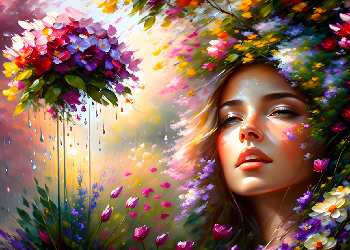 Serene woman with colorful flowers in her hair in sunlit floral setting