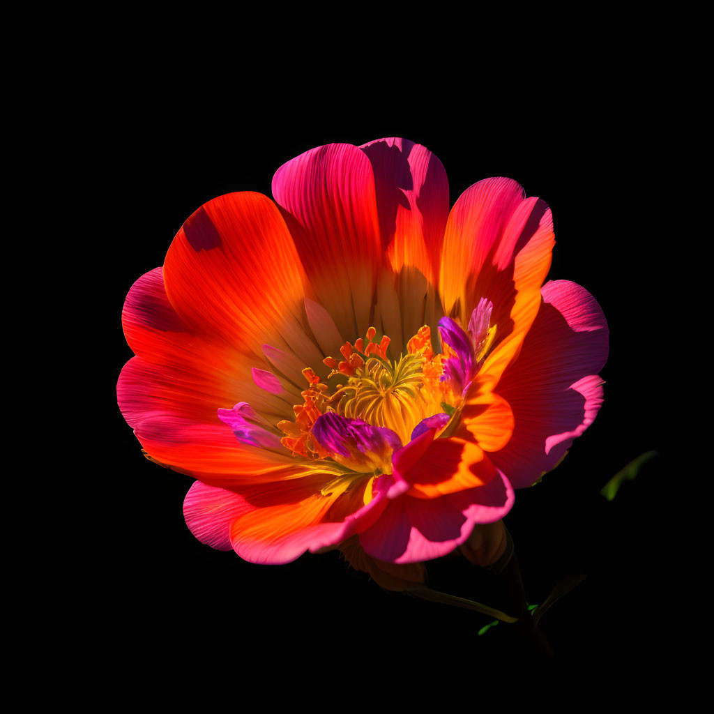 Colorful orange and pink flower with yellow center on dark backdrop