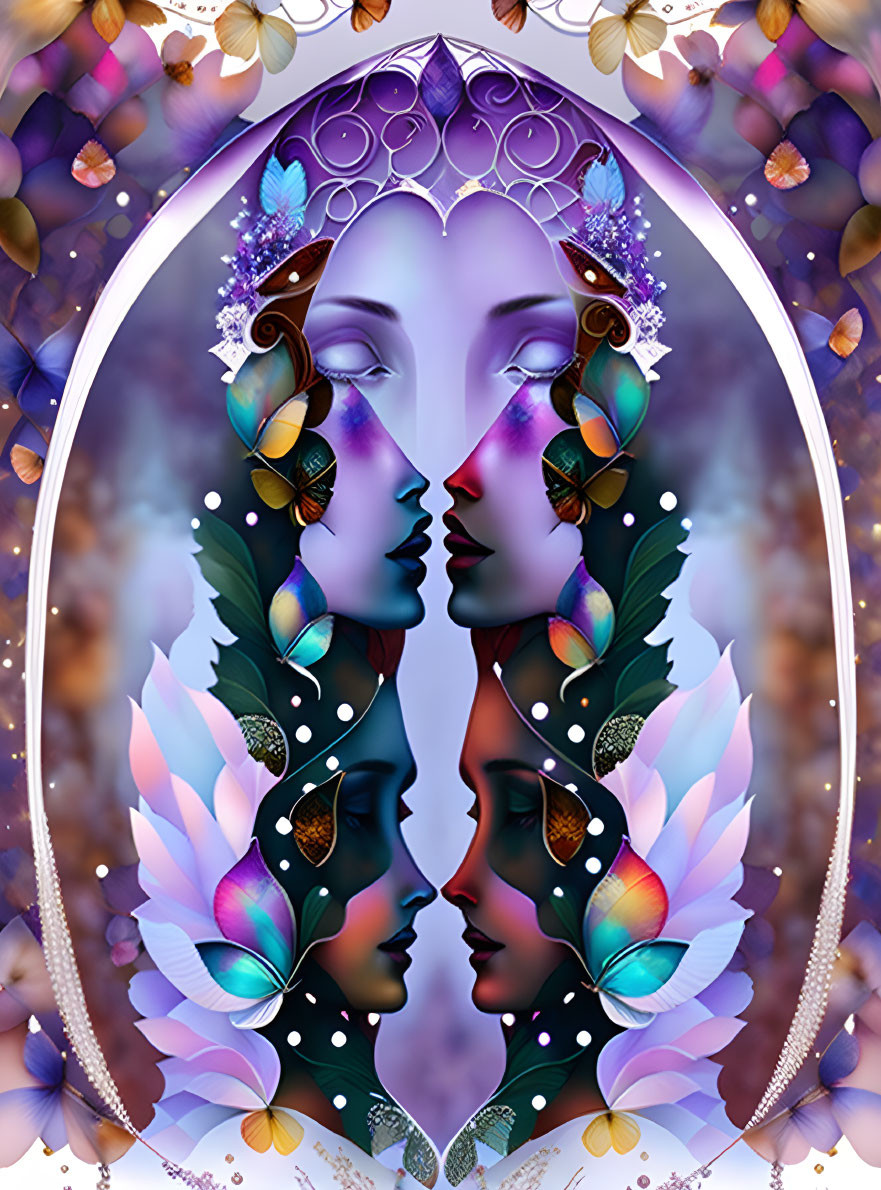 Symmetrical illustration of faces with butterfly wings and cosmic backdrop