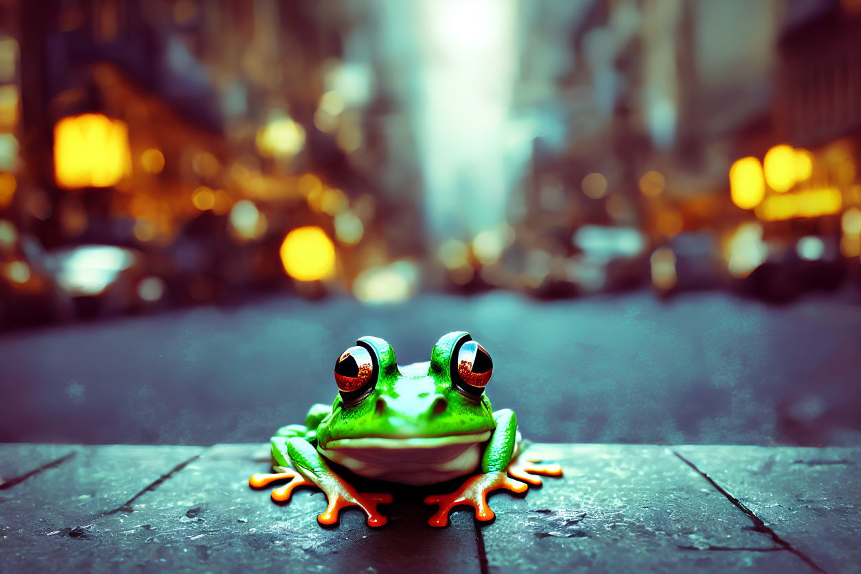 Colorful Frog with Red Eyes on City Street with Urban Background