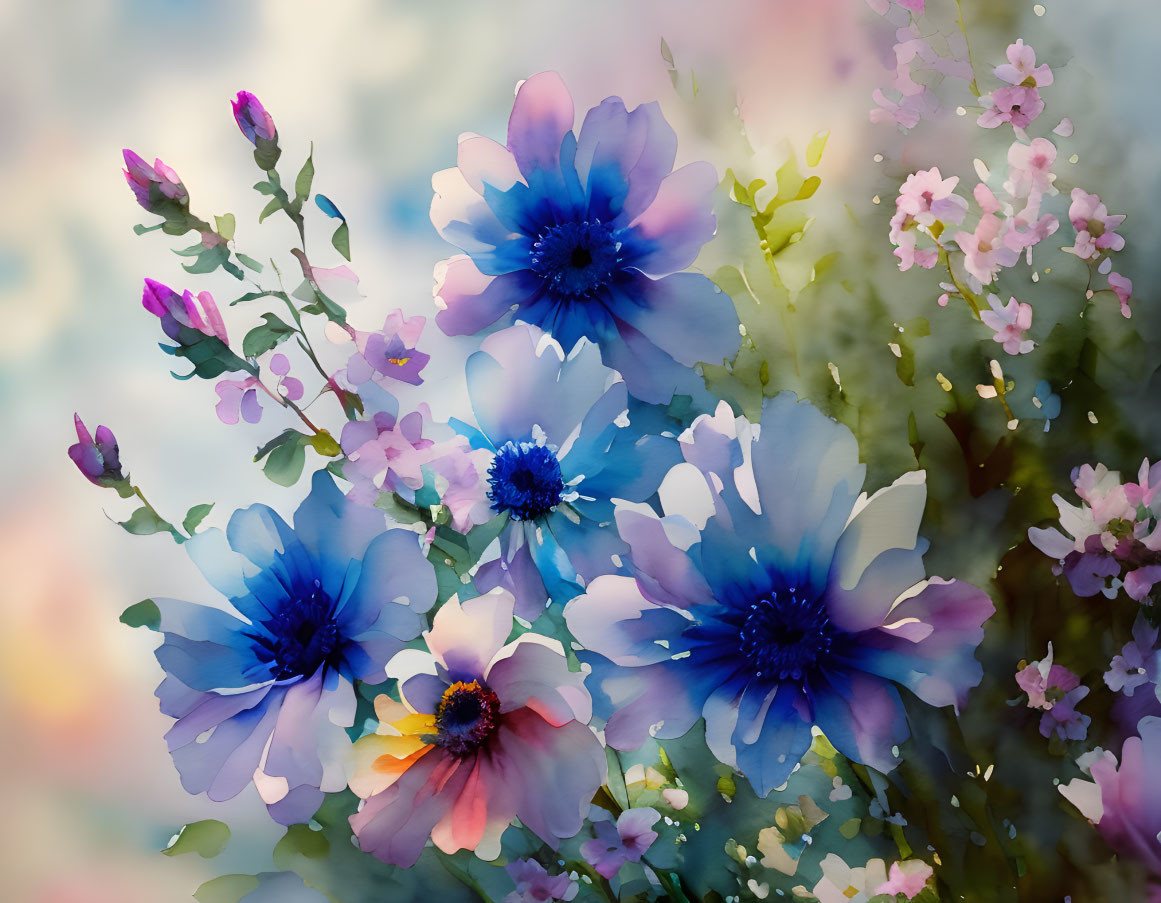 Vibrant Blue and Pink Watercolor Flowers with Dark Centers