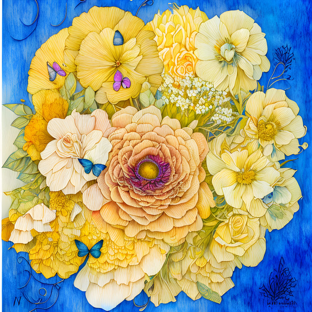 Colorful bouquet of yellow flowers and butterflies on blue background