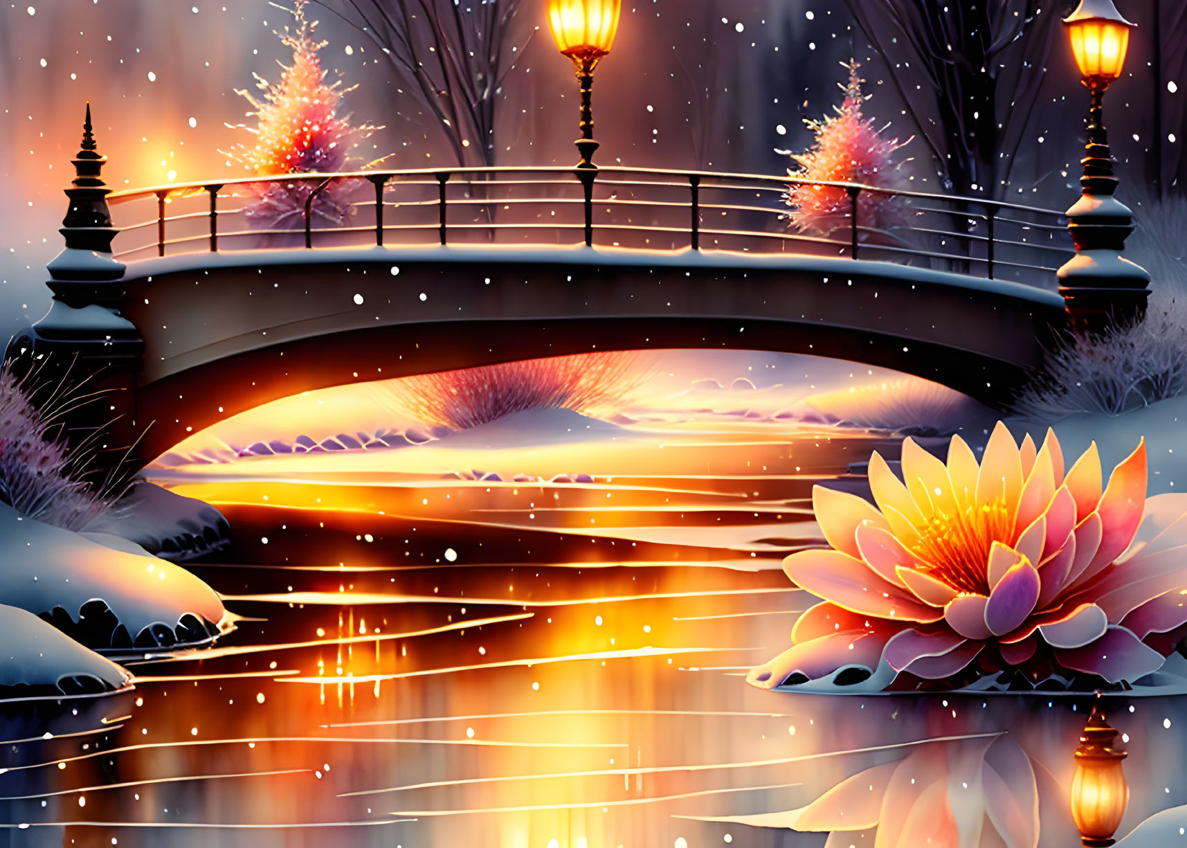 Snow-covered bridge and serene winter evening with illuminated street lamps and water lily reflection