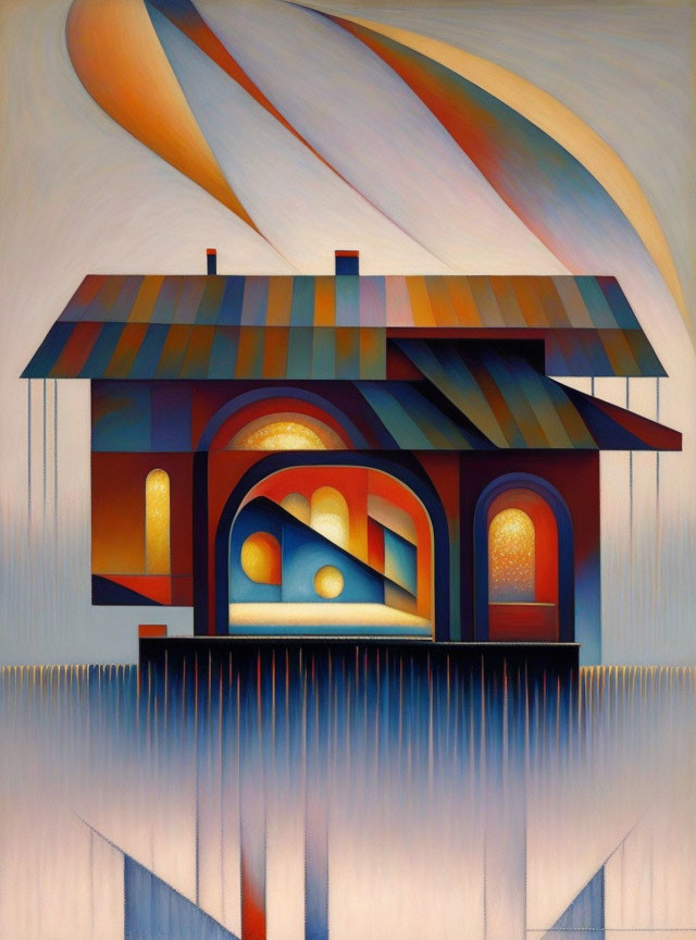 Colorful Surrealist Painting of Curved House & Geometric Shapes