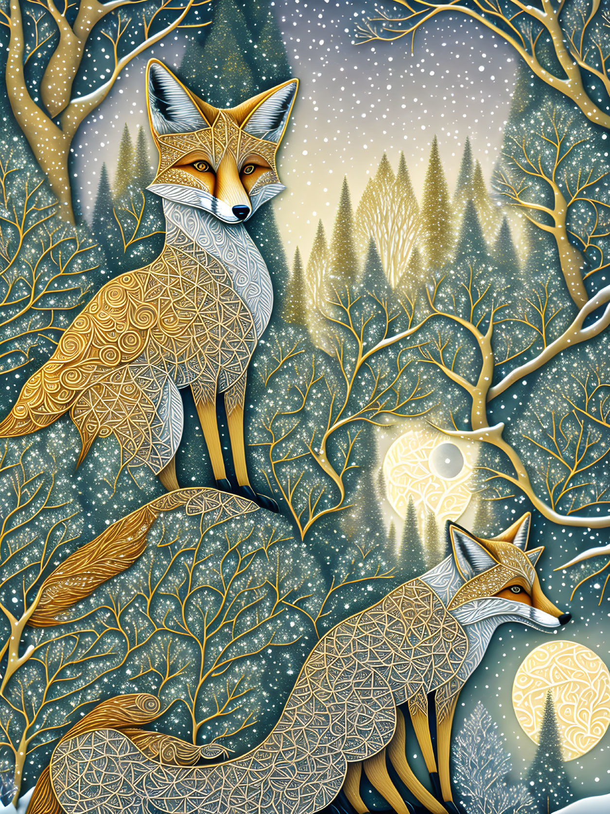 Illustration of two stylized foxes in whimsical forest setting