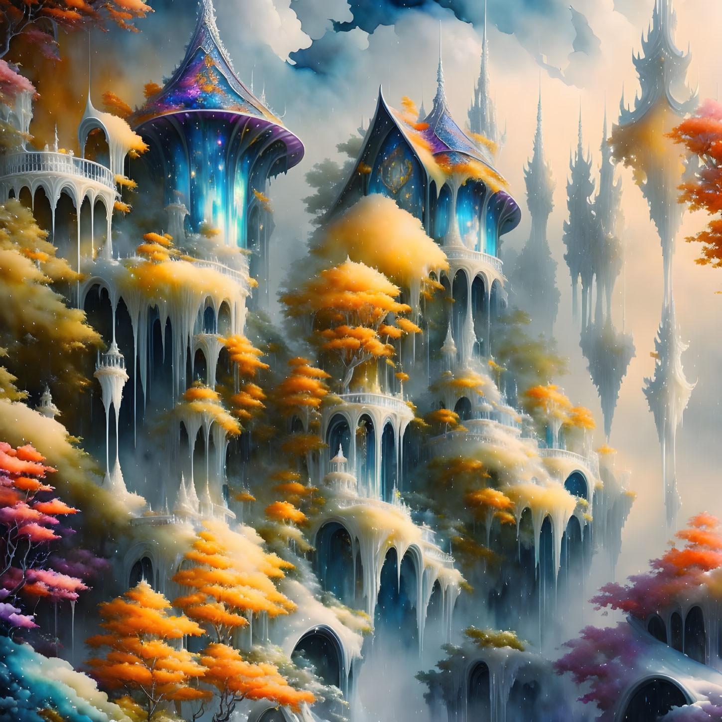 Ethereal castles and autumn trees in misty fantasy landscape