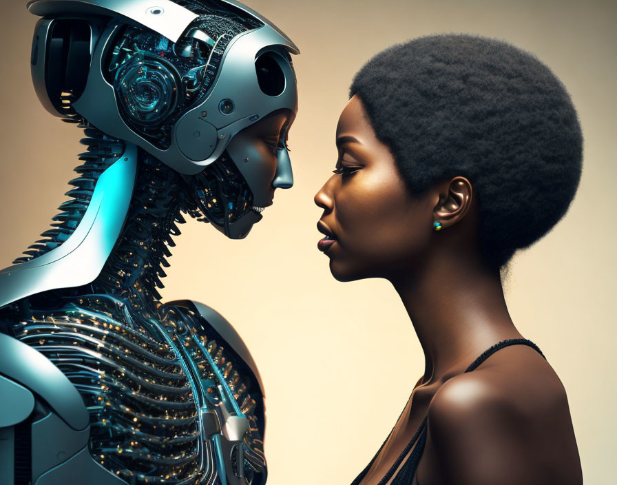 Humanoid robot and woman showcase contrast in detailed mechanics and profile.