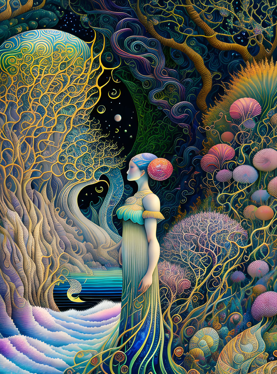 Colorful surreal illustration of woman merging with vibrant landscape