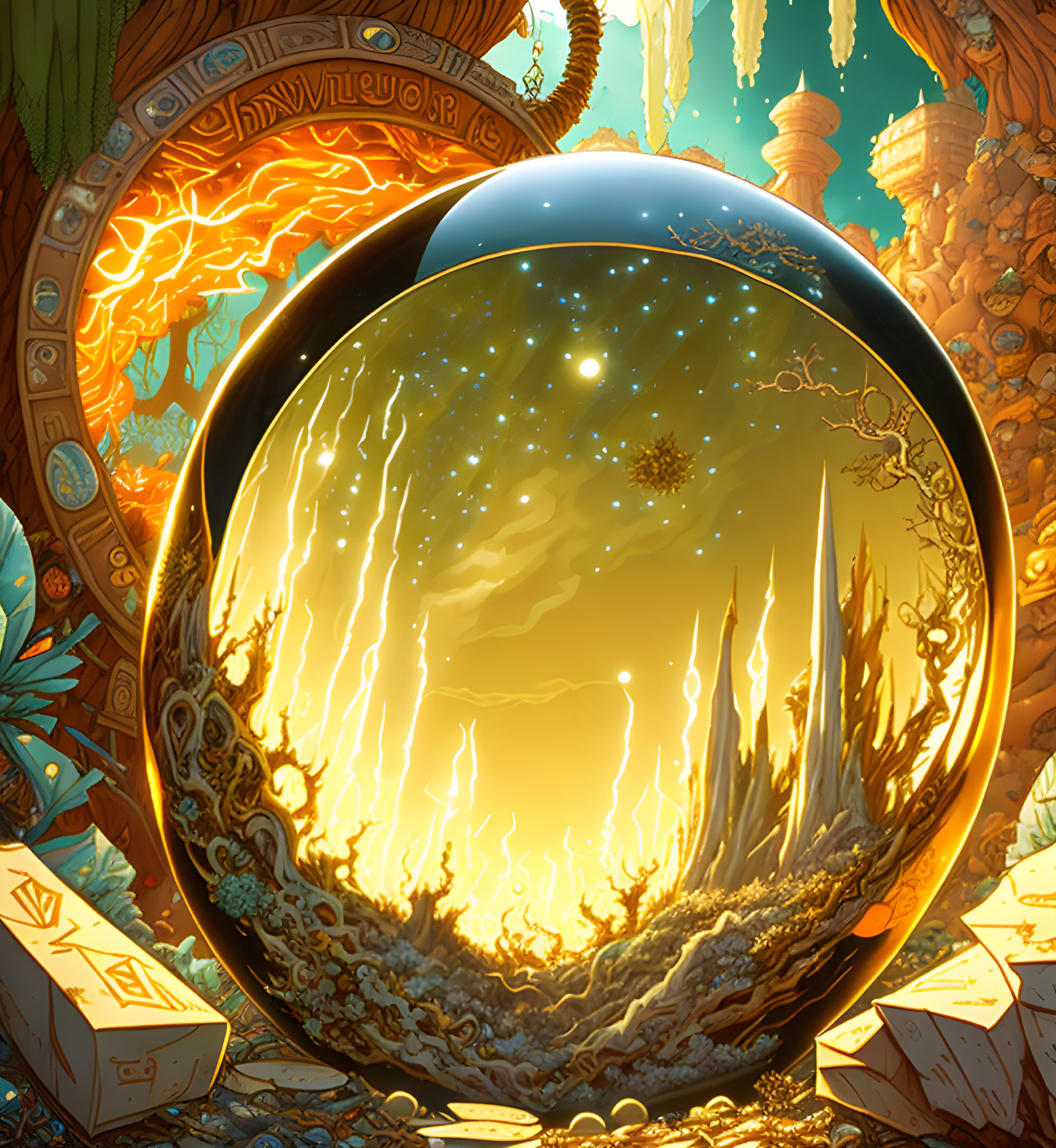 Glowing forest scene in fantastical orb surrounded by gold frames