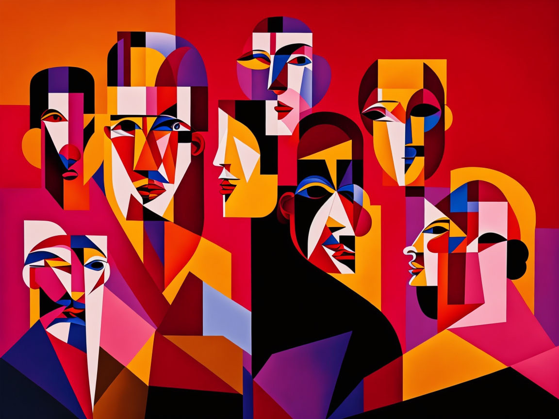 Colorful Cubist Painting Featuring Fragmented Faces