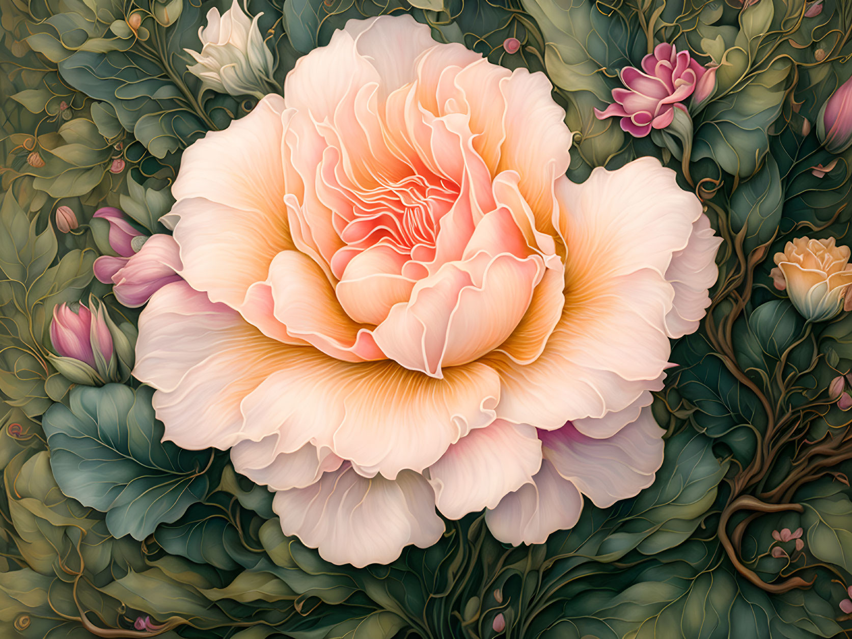 Detailed digital artwork: Large peach peony flower with soft petals amidst green foliage.