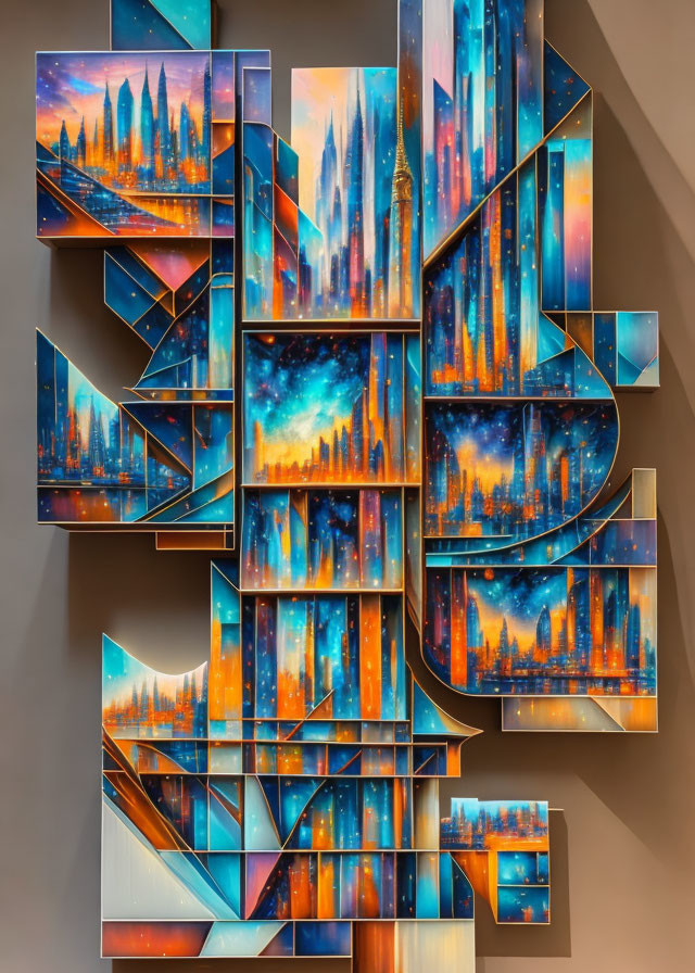 Colorful Abstract Cityscape Painting with Geometric Shapes & Skyscrapers