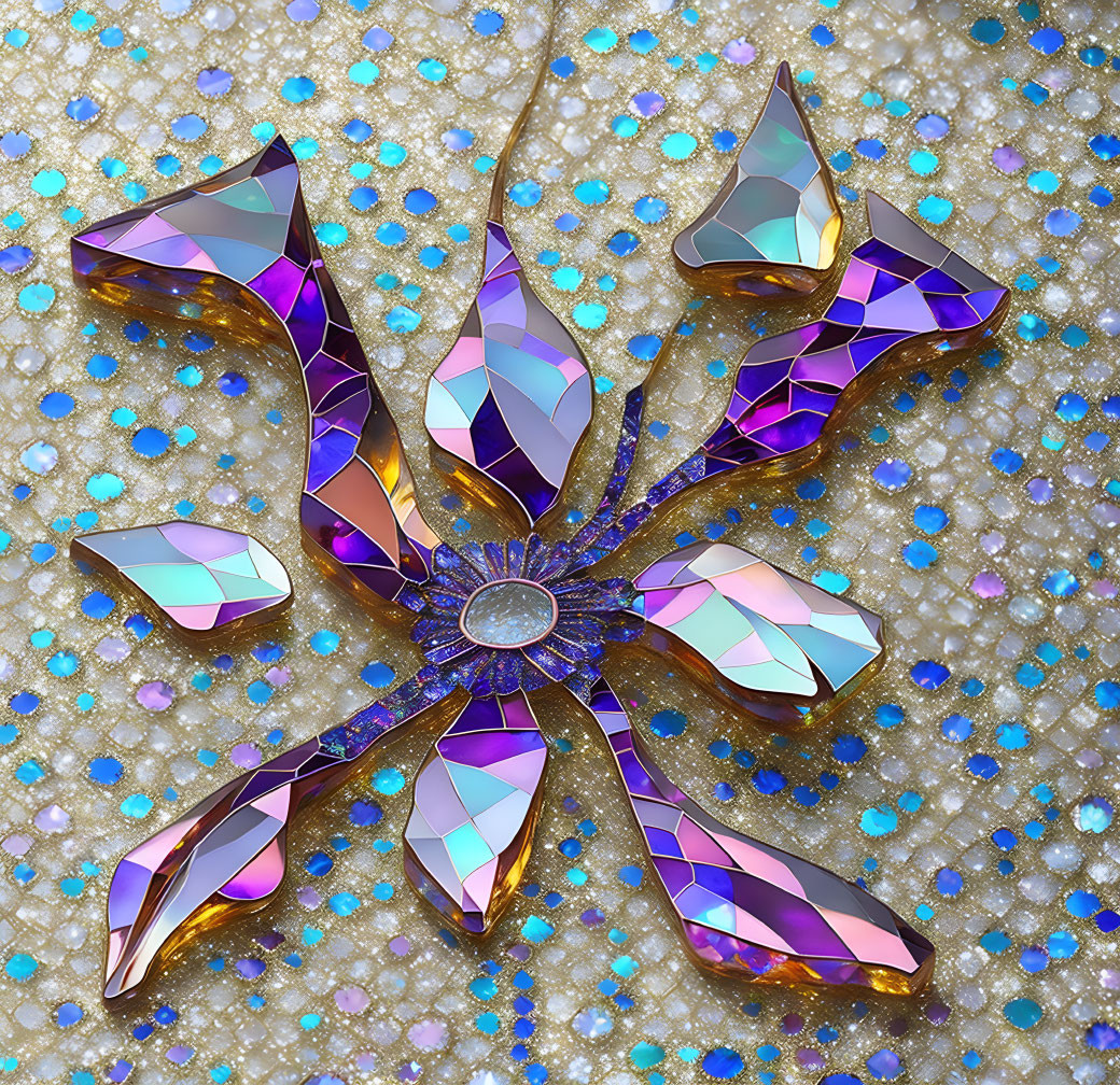 Iridescent crystal flower design in purple and blue on glittery golden background