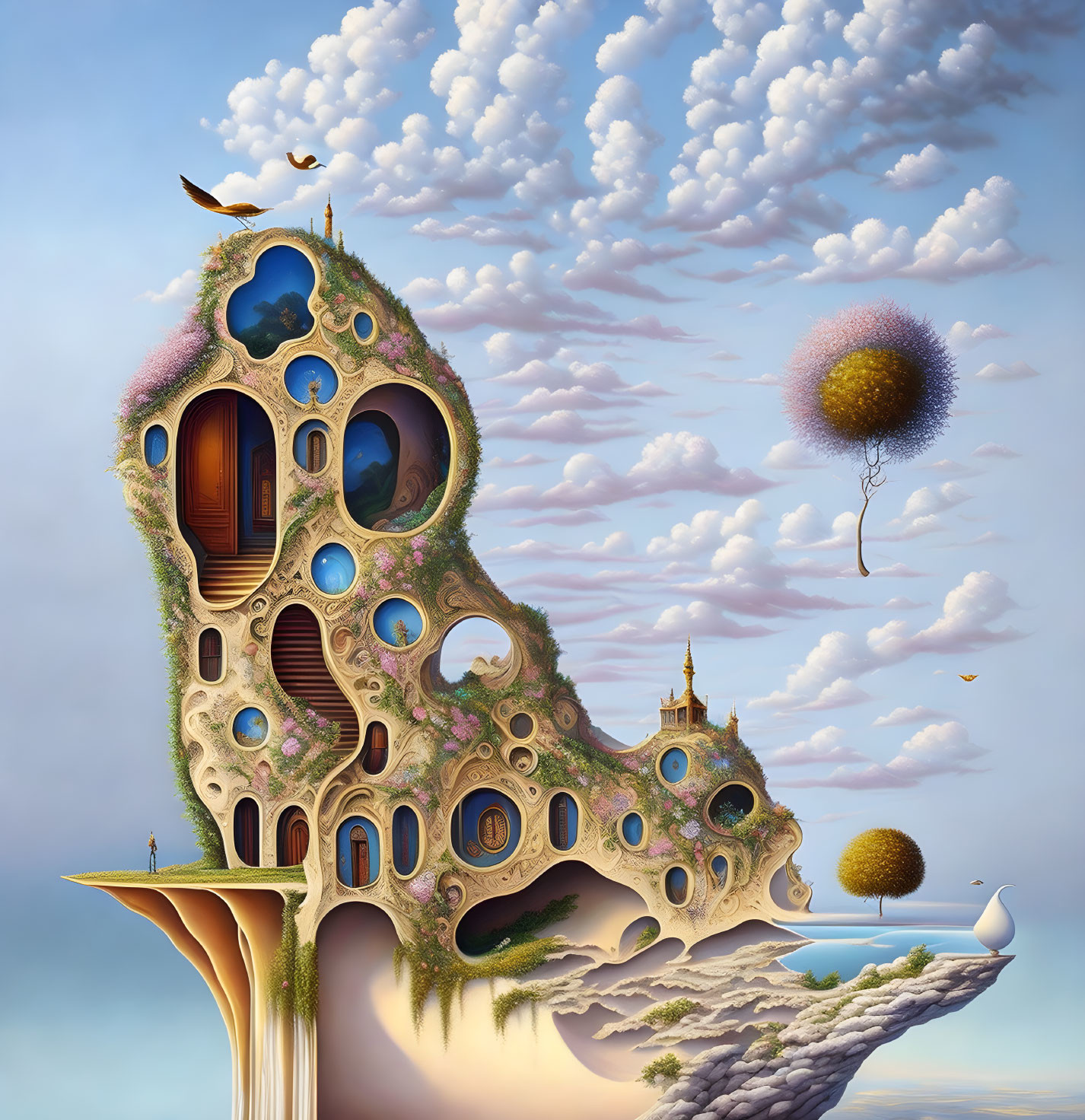 Fantastical surreal artwork: organic windows, floating islands, whimsical details