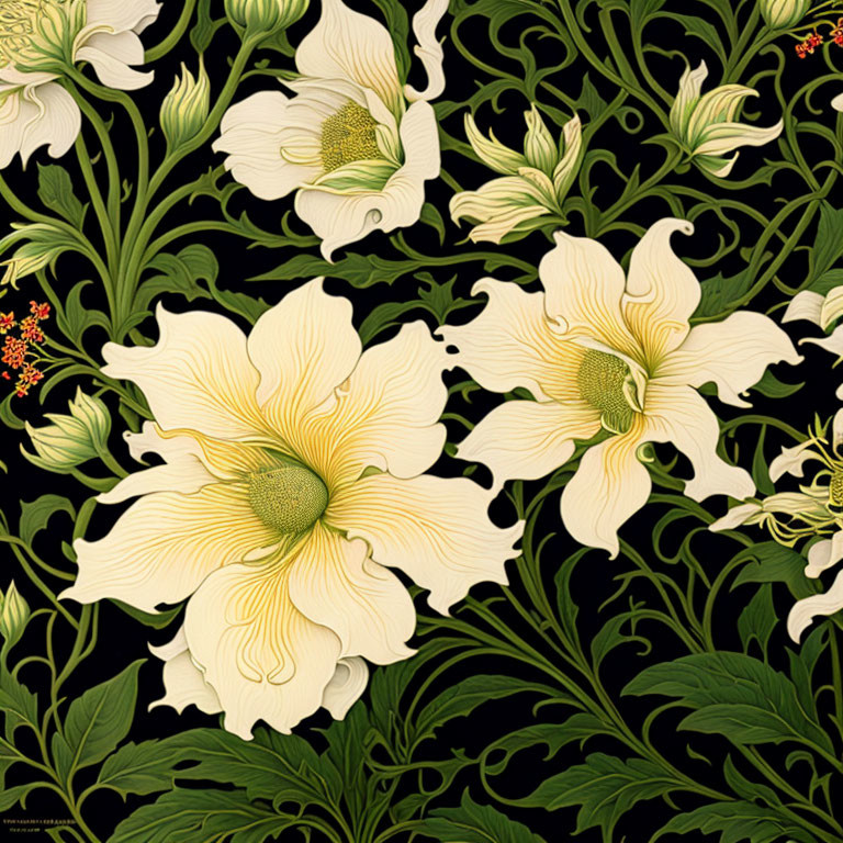 Cream-Colored Blossoms Floral Pattern on Dark Background with Green Foliage