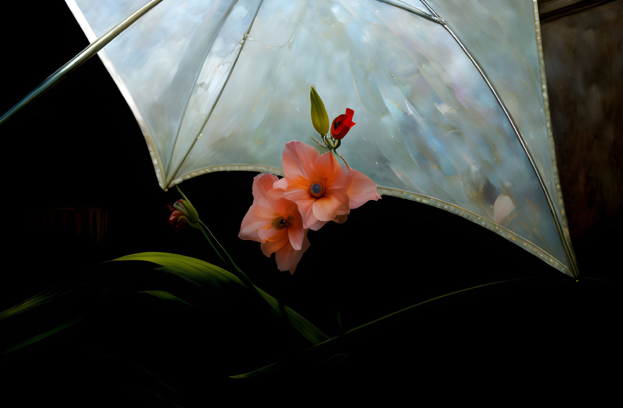 Pale-Pink Hibiscus Flower and Bud Under Translucent Umbrella