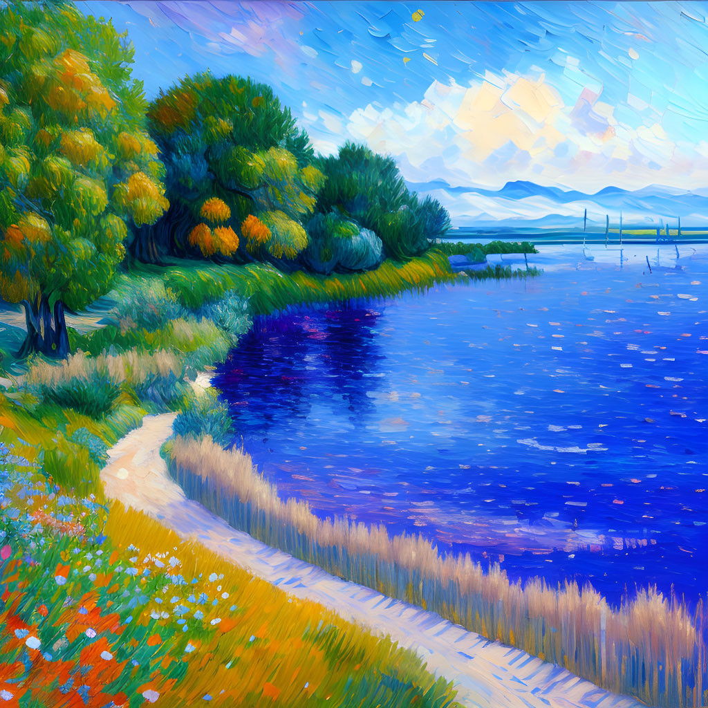 Impressionistic painting of serene riverside with trees, path, wildflowers, sailboats, dynamic