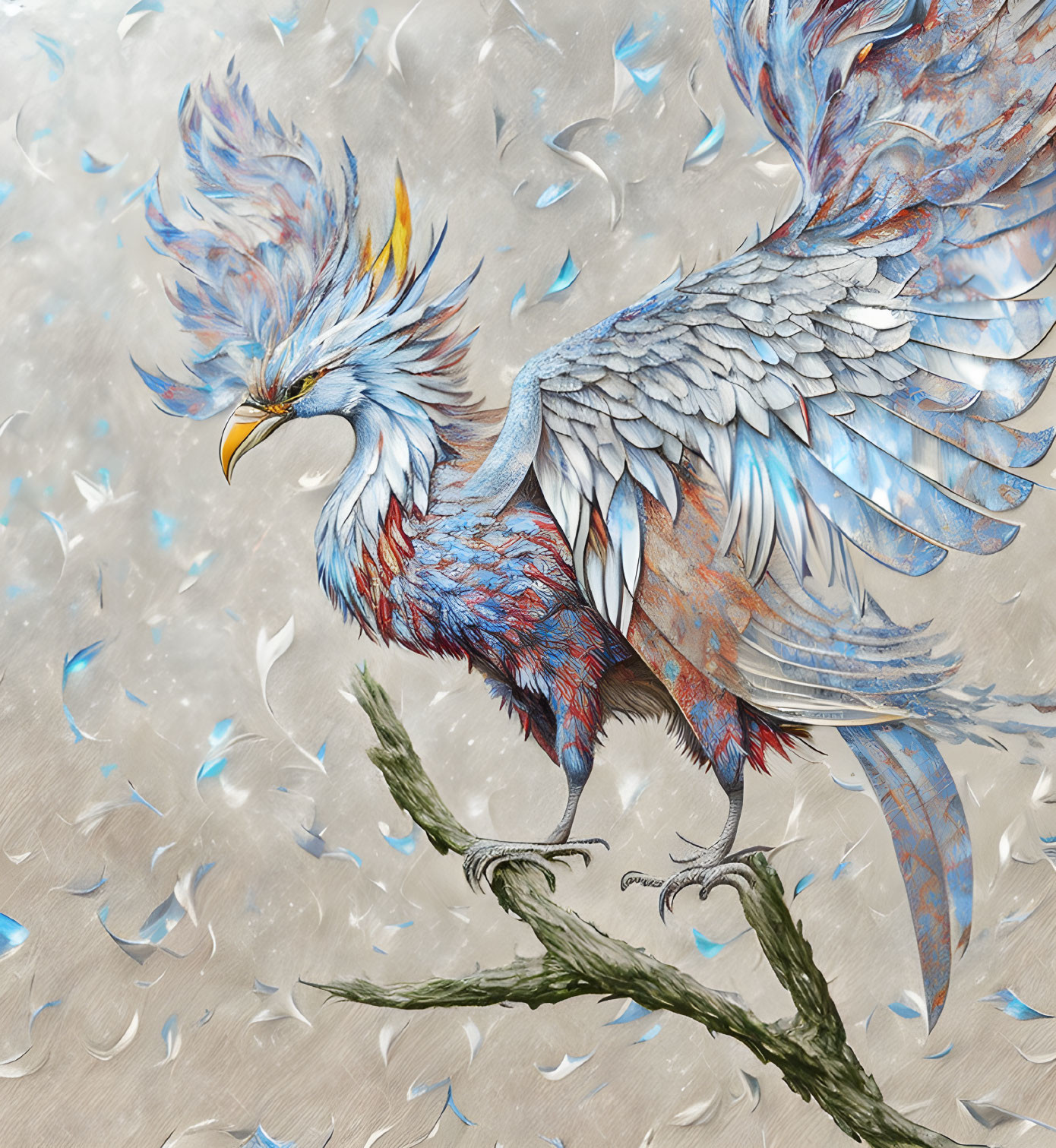 Majestic blue and white bird on branch in digital art