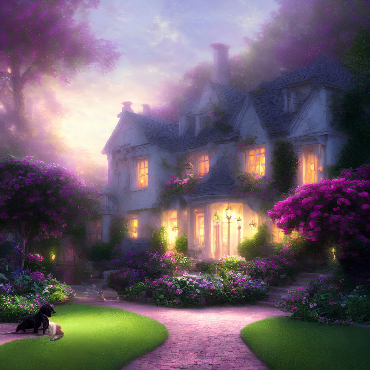 Enchanting evening scene of fairy-tale cottage with lush gardens and black dog