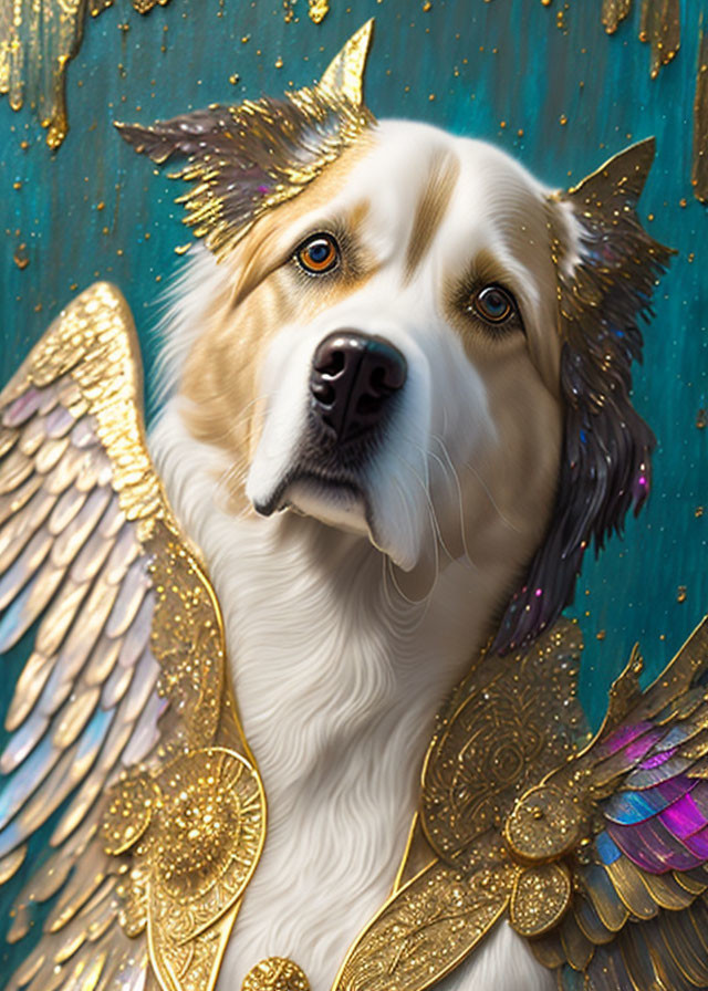 Golden-winged dog in ornate armor on turquoise background with gold flecks