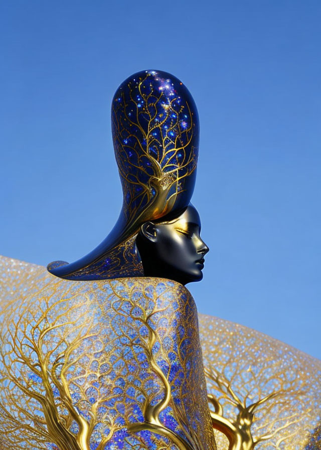 Blue and Gold Tree Headdress Sculpture Under Clear Sky