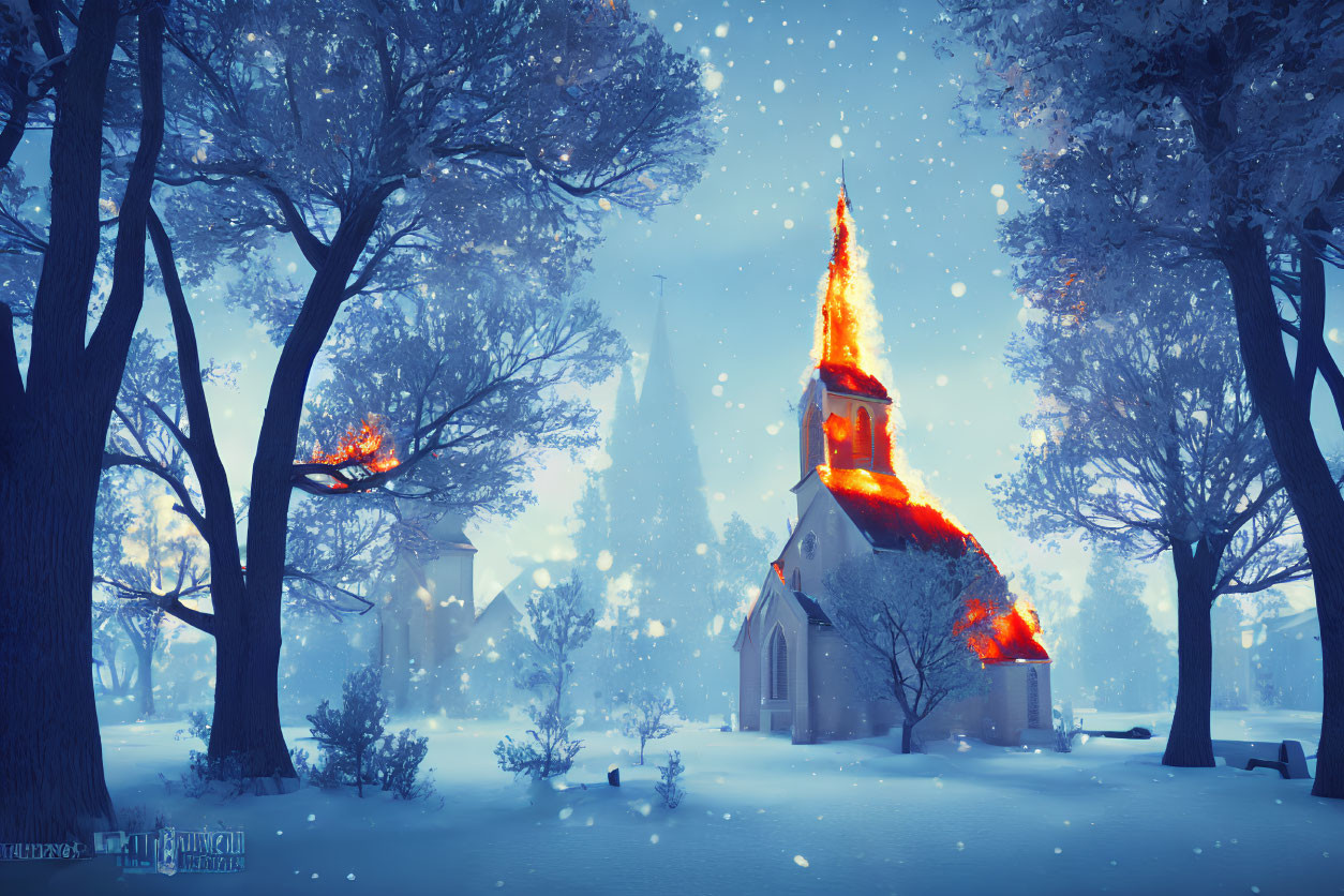 Snow-covered trees and illuminated church in serene winter twilight