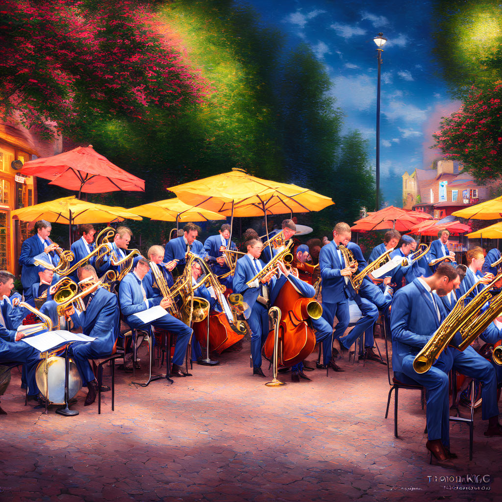 Illustrated outdoor concert with musicians in blue suits playing brass instruments under yellow umbrellas at dusk