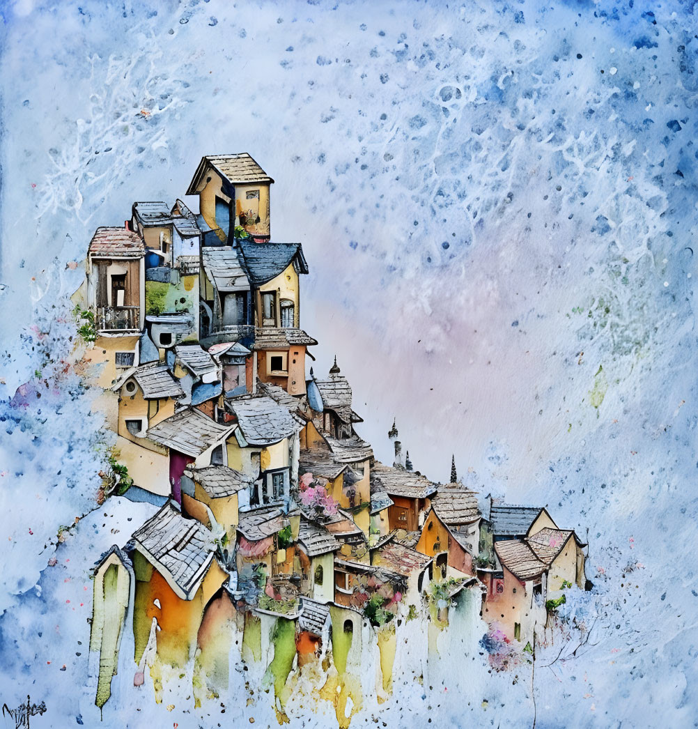 Vibrant watercolor painting of whimsical stacked village on abstract blue and pink backdrop