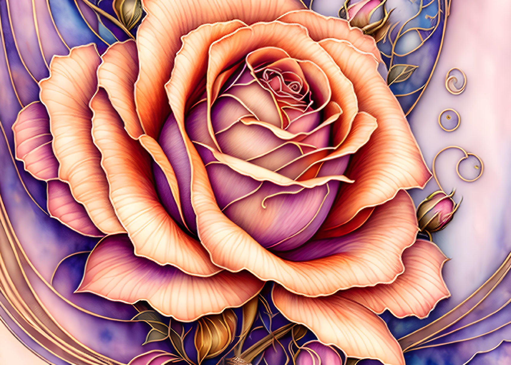 Vibrant pink-orange rose on purple background with swirls