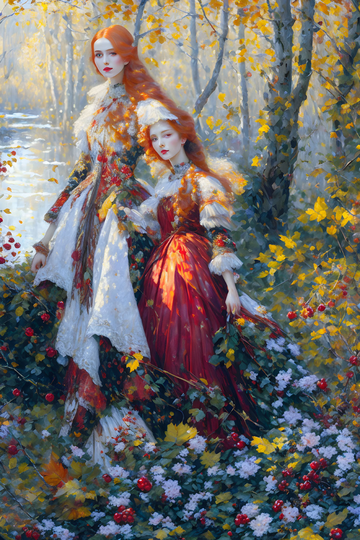 Vintage Dresses: Women in Floral Landscape with Autumn Colors