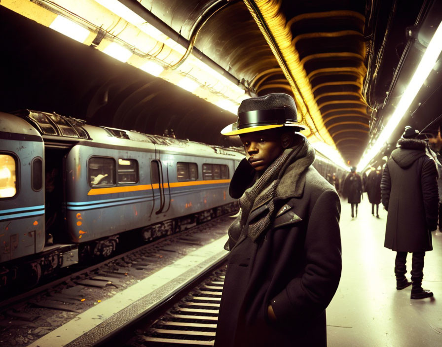 Person in Fedora and Trench Coat on Subway Platform