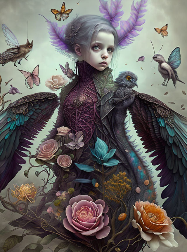 Child with angel wings in floral setting with birds and butterflies.