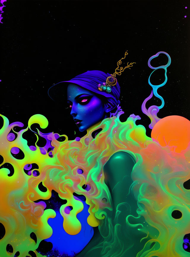 Blue-skinned figure with beret in vibrant digital art