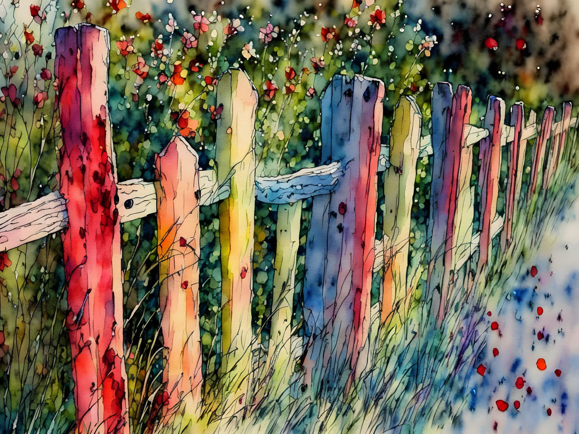 Vibrant Watercolor Painting of Rustic Fence and Flowers