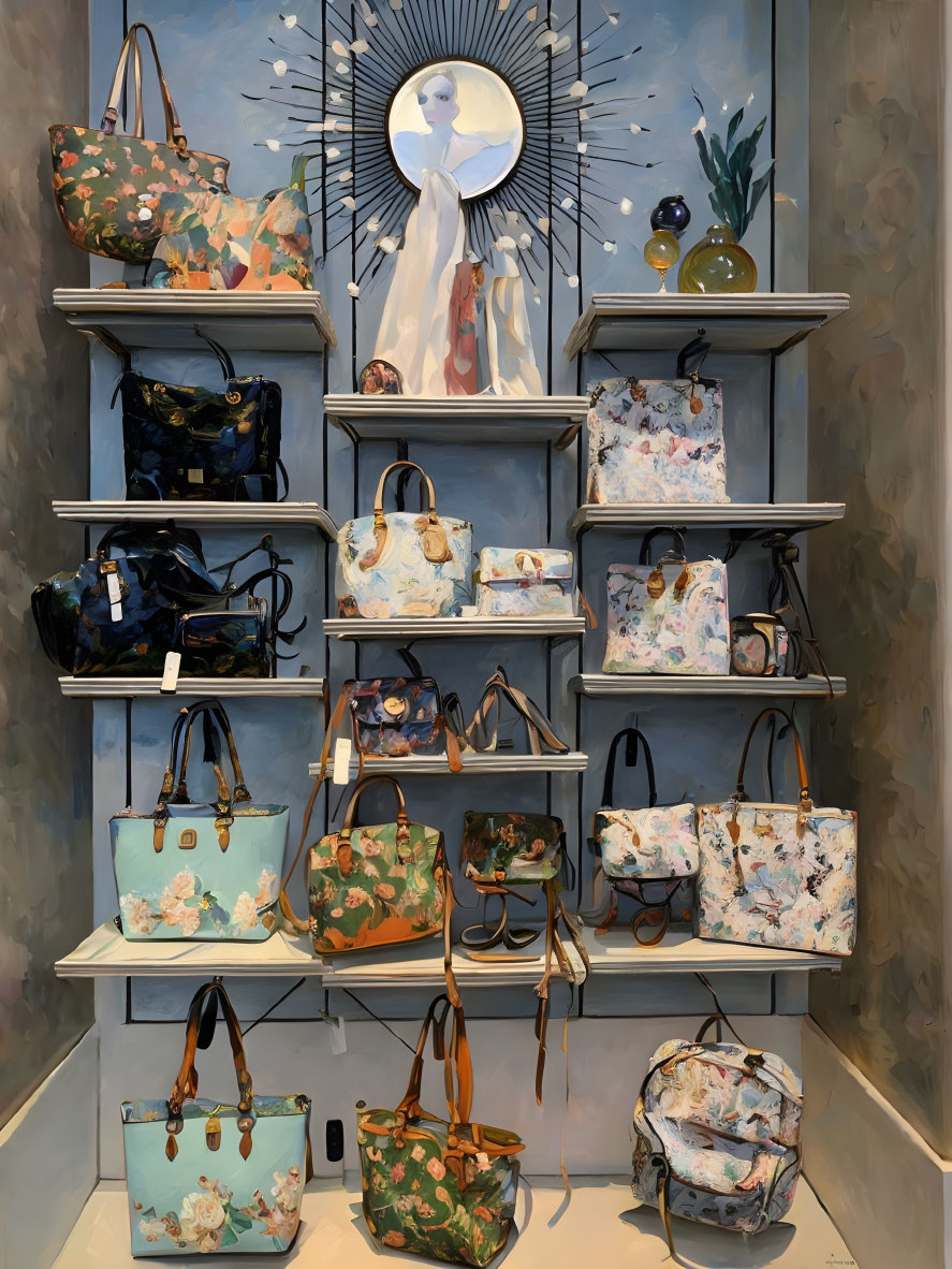 Floral Handbags Display with Woman Portrait and Glass Orbs