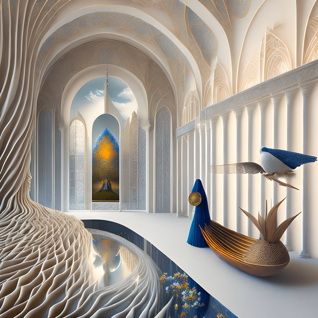 Intricate Mosque Interior with Reflecting Arches, Woman in Blue, Bird, and Tree Sil