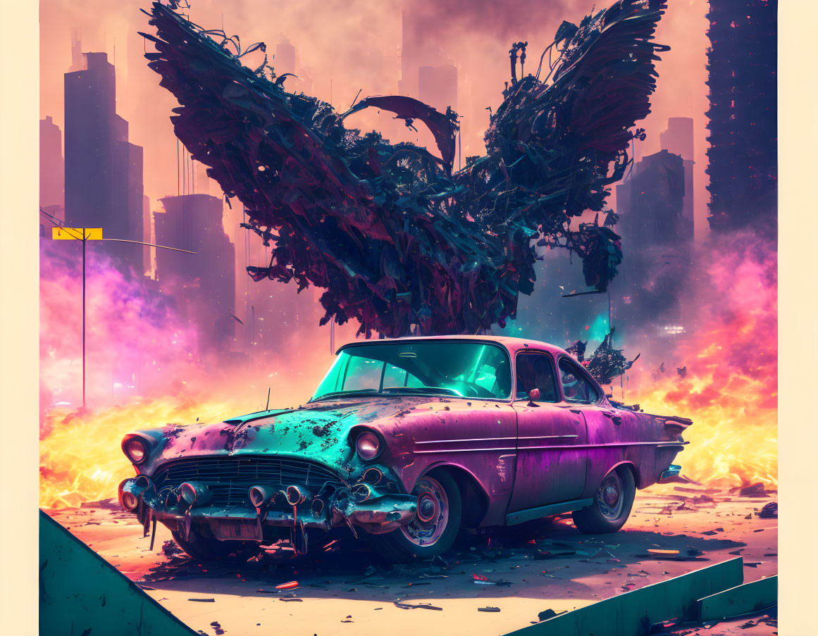 Vintage Car with Angel Wings in Apocalyptic Cityscape