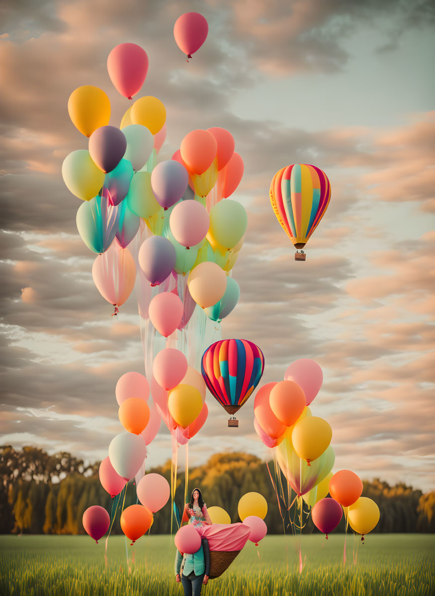 Couple embracing among vibrant balloons in golden-hour sky