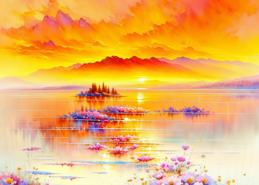 Scenic mountain landscape with sunset sky and reflective lake