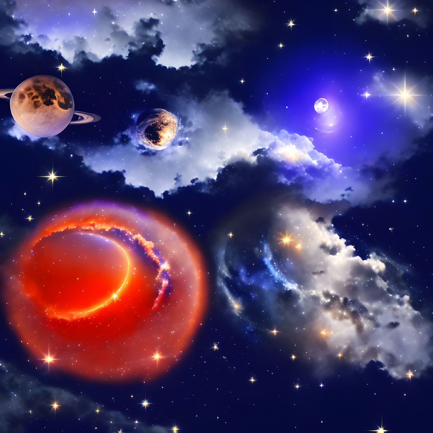 Fiery red planet in cosmic scene with moons and stars