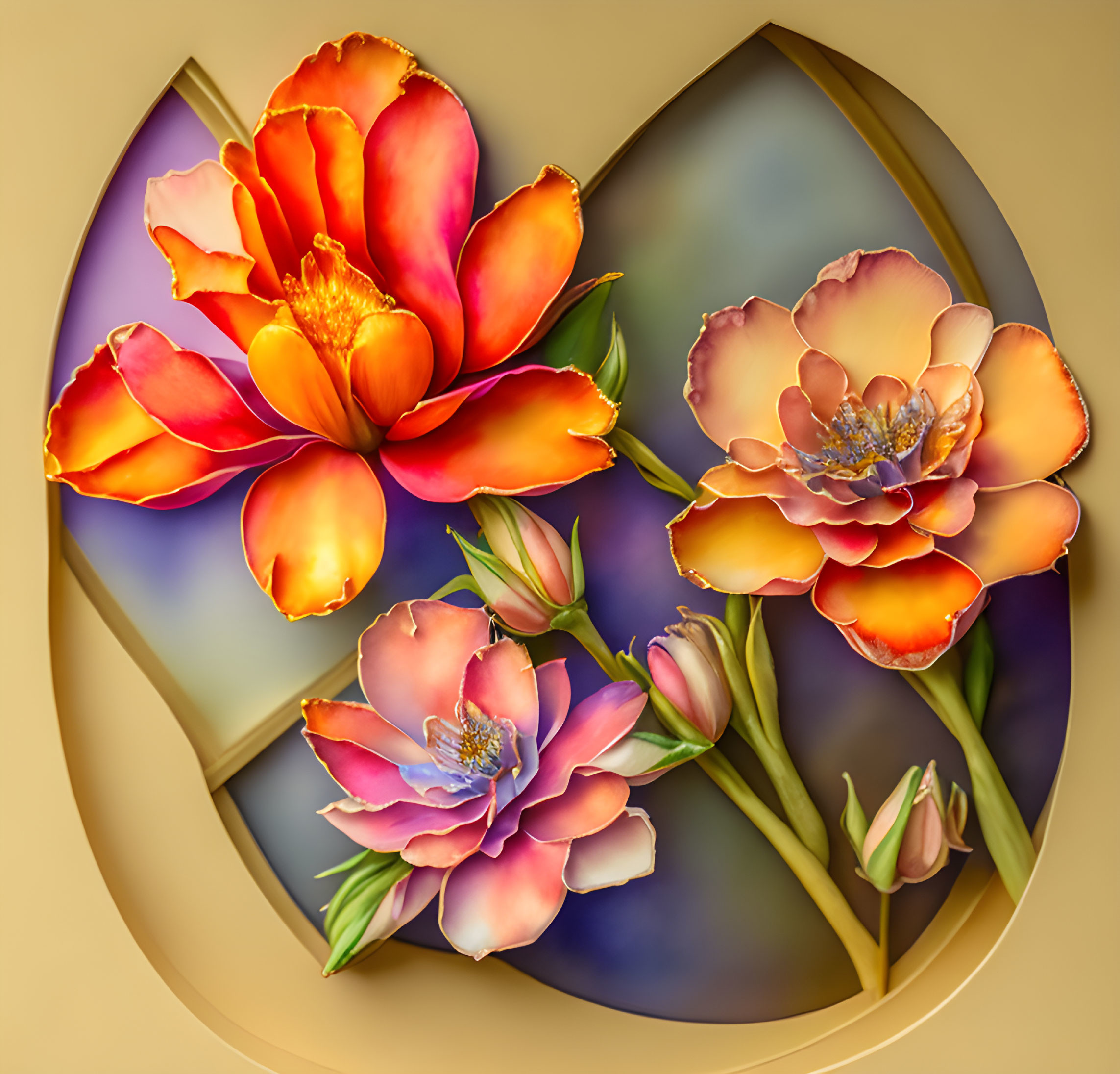 Detailed Orange and Pink Flowers on Blue and Beige Background