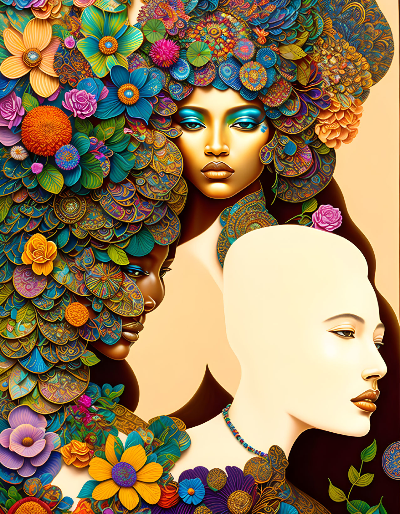 Three Stylized Female Figures with Elaborate Floral Headdresses in Vibrant Palette