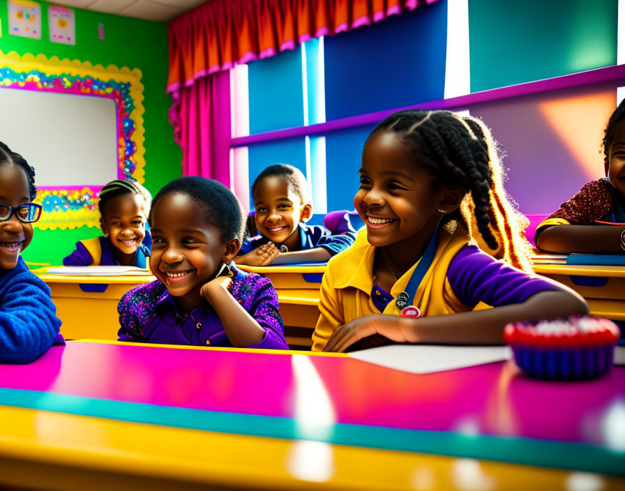 Vibrant classroom with smiling children at colorful desks